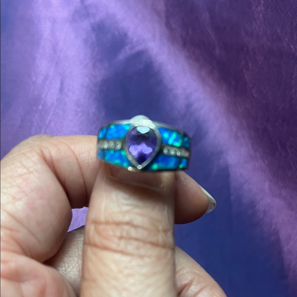 Purple Teardrop Inlay Ring with Blue Accent - Women Jewelry